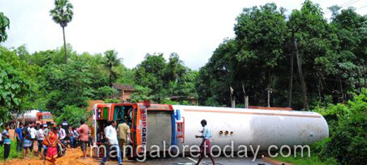 LPG tanker overturns  at Uppinangady